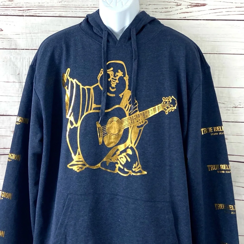 True Religion Hoodie Men’s XL Blue/Gold Logo Long Sleeve Graphic Print‎